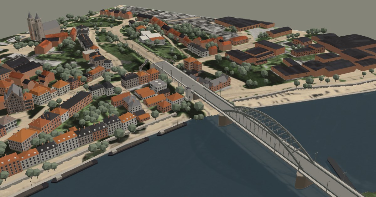 The 3D model of the Arnhem road bridge and the town north of it, September 1944