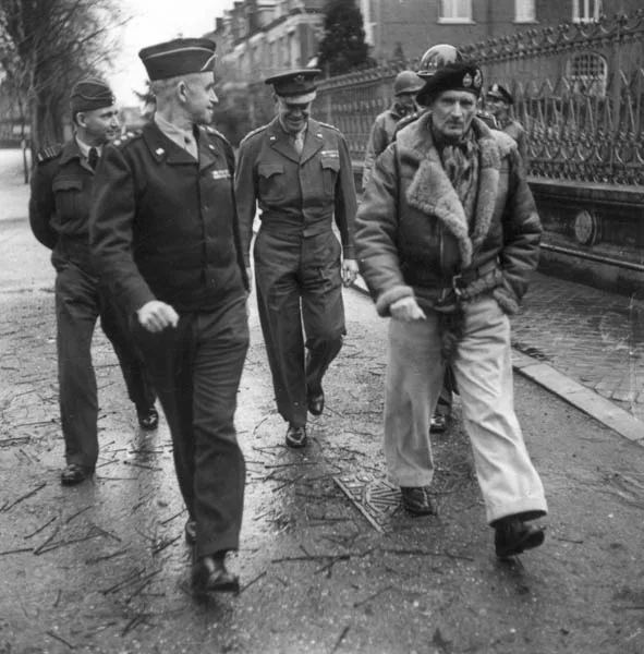 Five Allied Commanders (Tedder, Bradley, Eisenhower, Simpson and Montgomery) after the Maastricht meeting.
