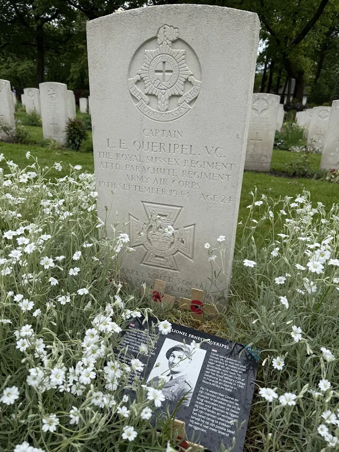 Headstone of Captain Lionel Queripel VC in Arnhem Oosterbeek War Cemetery, Royal Sussex Regiment, killed 19 September 1944.