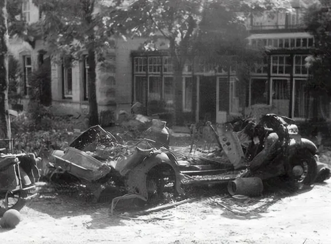 The destroyed car in which Samuel Swarts tried to deliver water to the wounded.