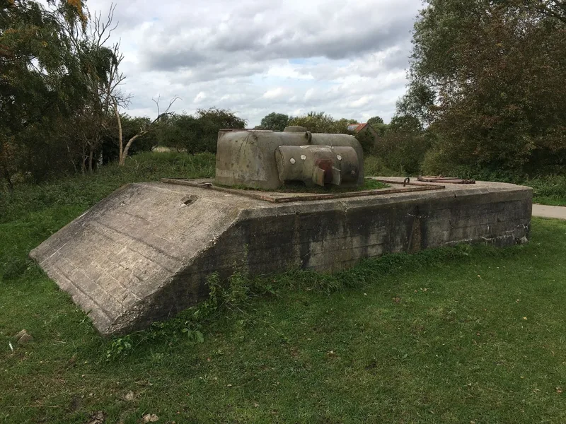 Sherman turret set into a sloped concrete casemate at Meinerswijk, Arnhem, the gun barrel removed