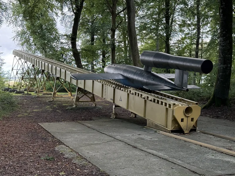 The full length of the V1 launch ramp at Guerville seen from the rear, aligned on London